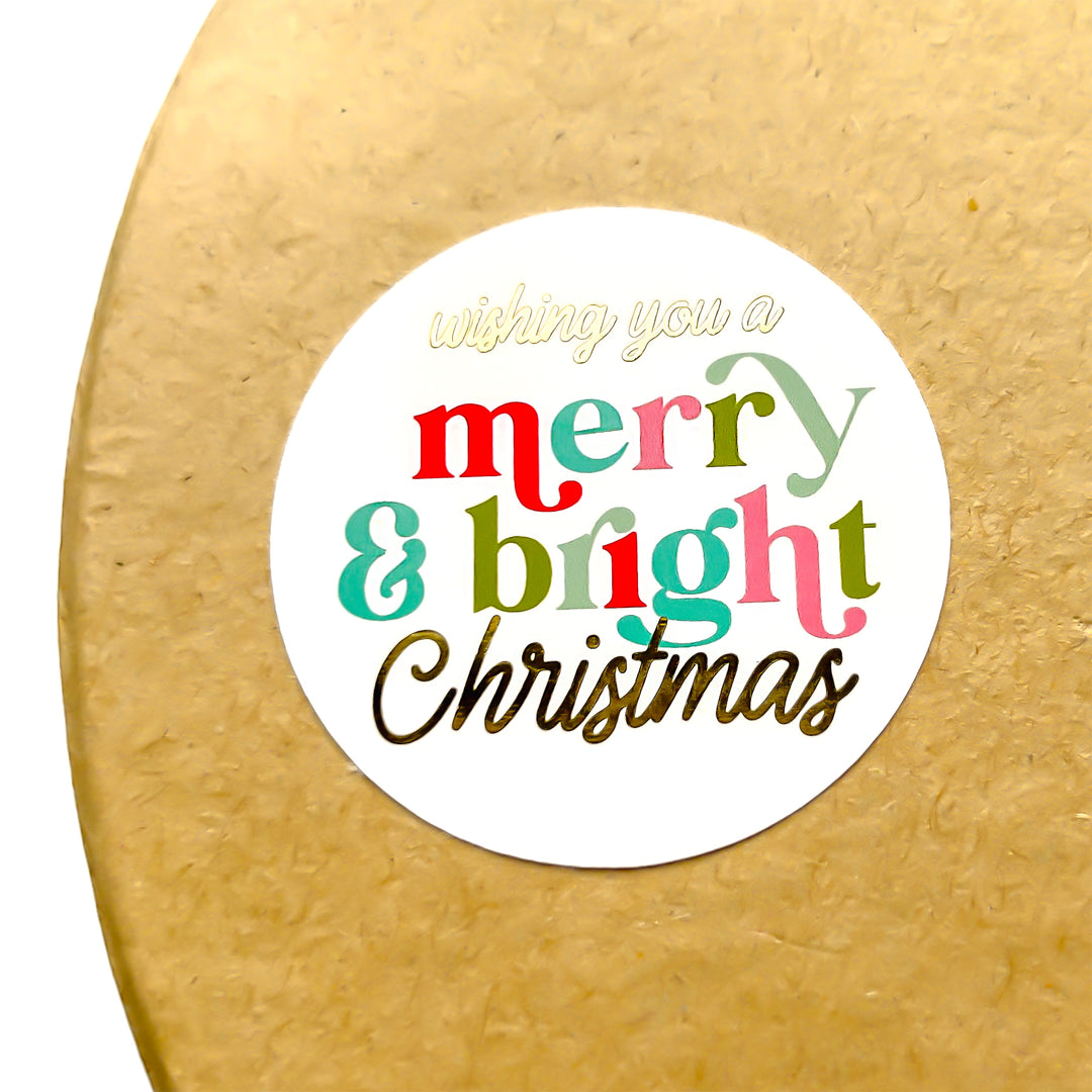 Foiled Merry & Bright Retro Stickers Round