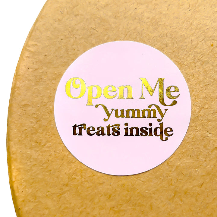 Foiled Retro Open Me Yummy Treats Inside Stickers ROUND